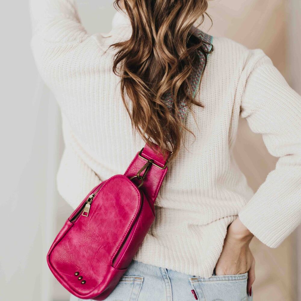 Fuchsia Hot Pink Tapestry Geometric Strap Boho Sling Bag Barbiecore
